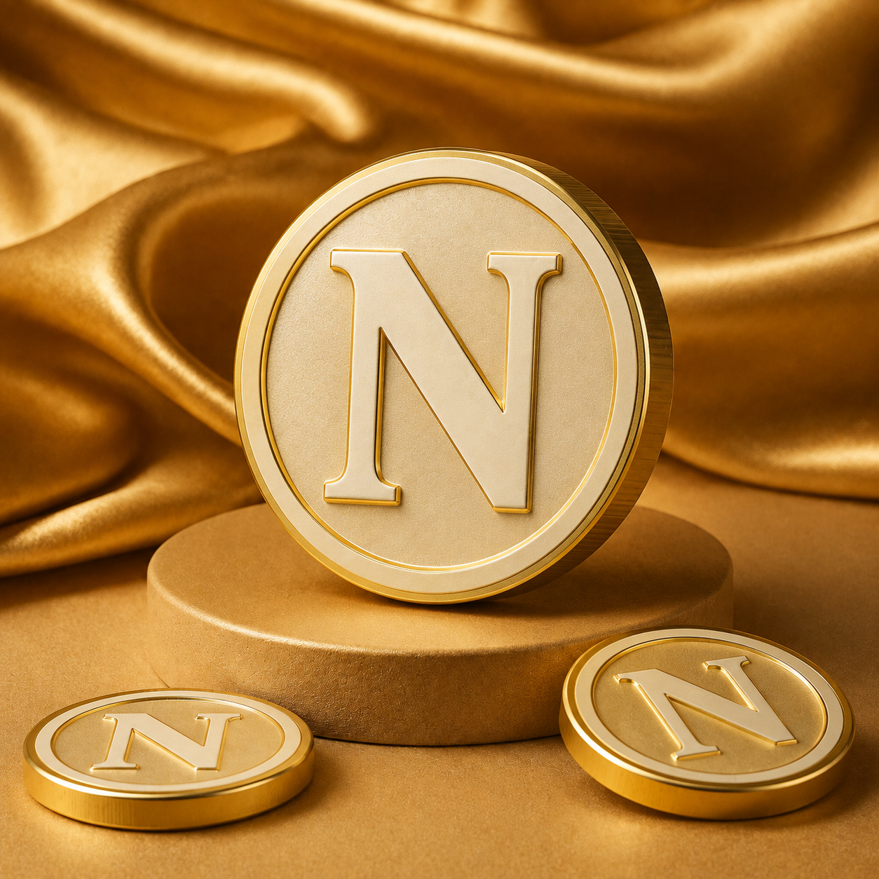 Three NOTHING COIN gold coins on golden silk